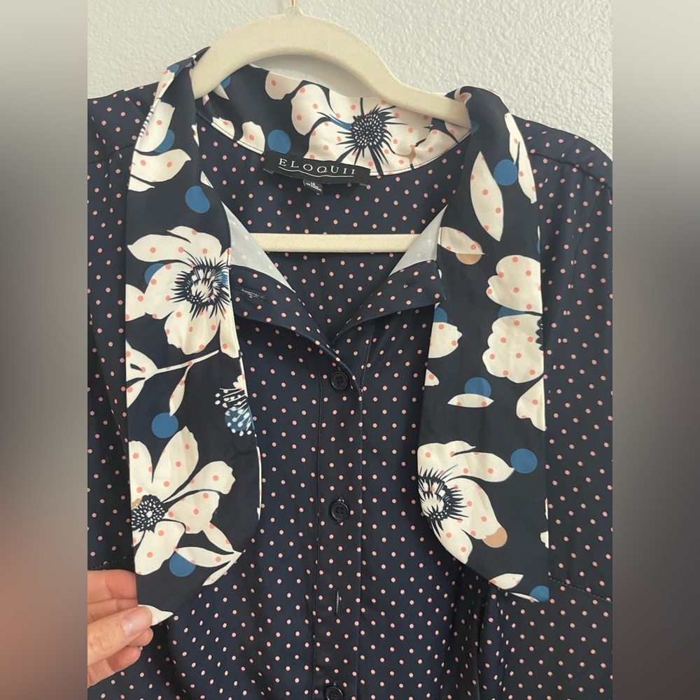 Eloquii Navy Polka Dot Long Sleeve Dress Tie Accents Classy Size 16 - Picture 7 of 15